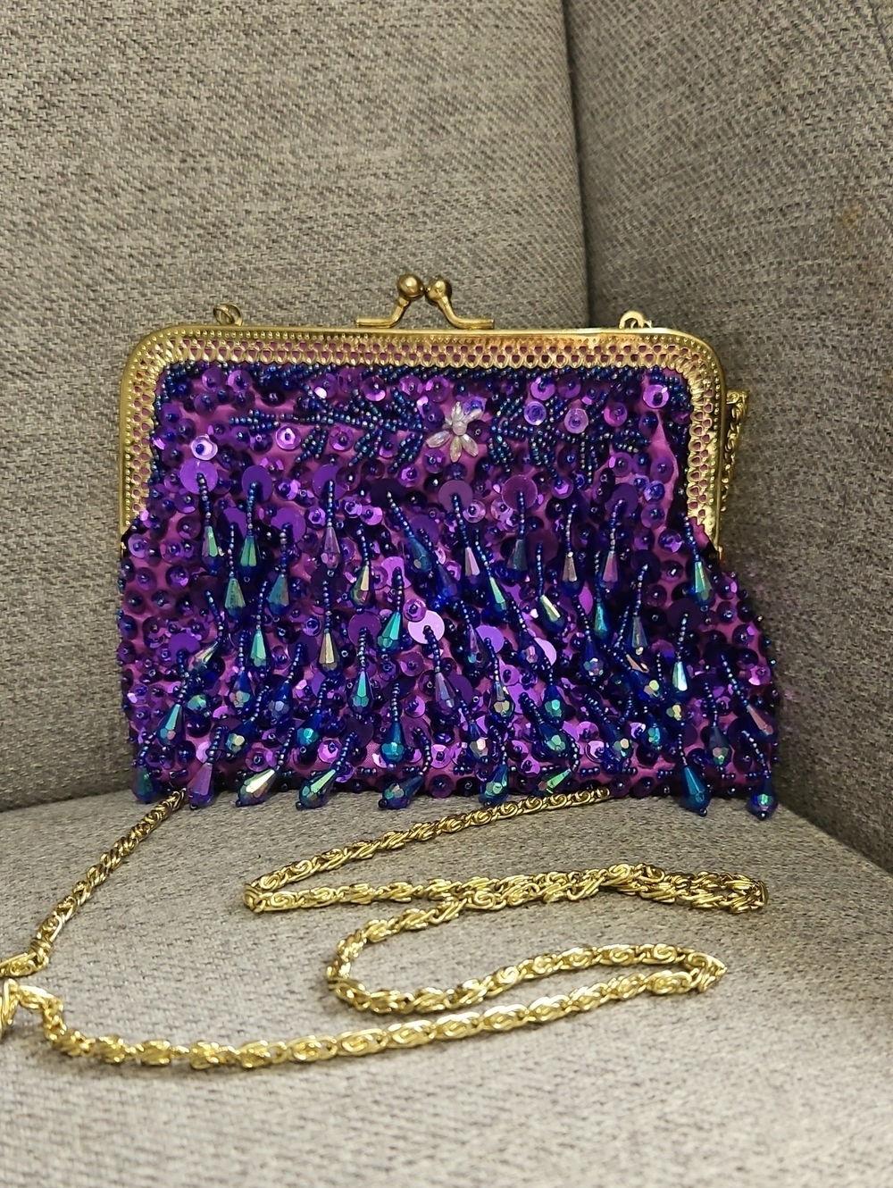 Sparkling Purple Sequin Evening Clutch with Gold Chain